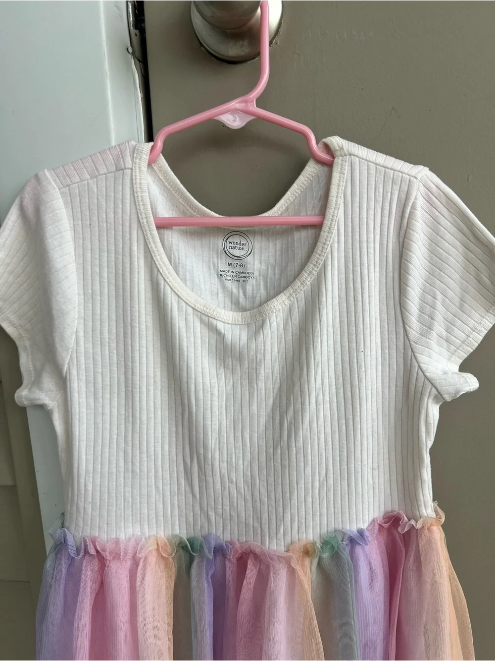 Girls White Dress with Pastel Rainbow Tulle Skirt